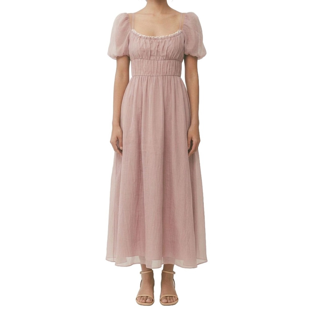 NWT Reformation Mayme Midi Dress Soft Pink Lace Trim Puff Sleeve 2